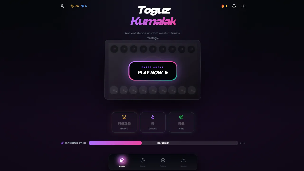 Главный экран Toguz Arena с рейтингом, серией и прогрессом игрока