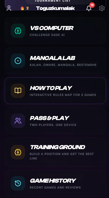Мобильное меню Toguz Arena с режимами игры и обучения