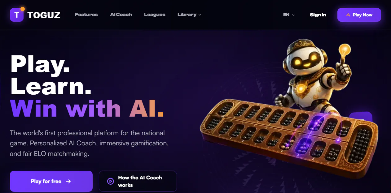 Toguz Arena desktop home page with play and AI learning features