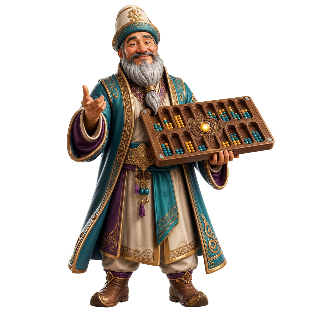 Toguz Arena mentor holding a wooden toguzkumalak board