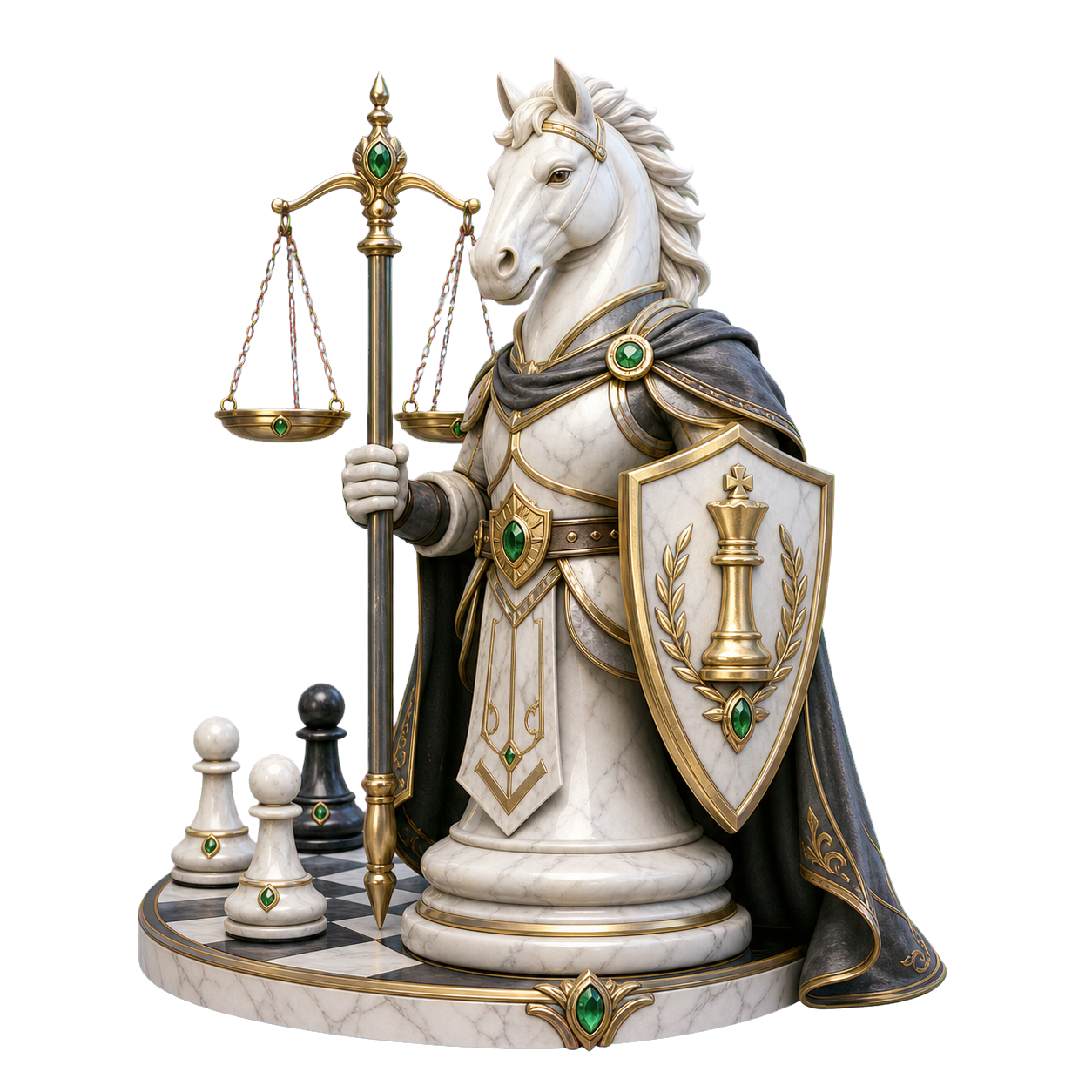 White chess knight holding scales for fair play